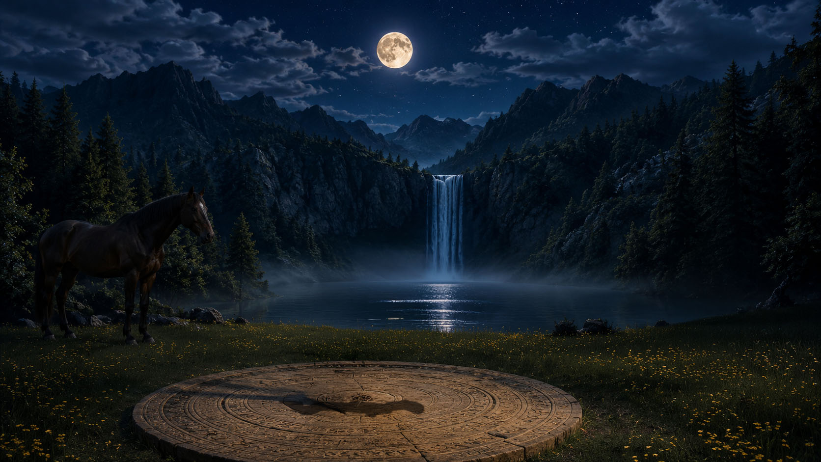 Nächtliche Lichtung mit Wasserfall